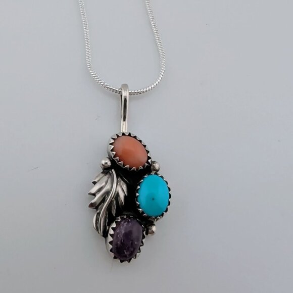 Navajo Pendant Necklace With Spiny Oyster Turquoise & Amethyst By Richard Begay - Picture 1 of 6